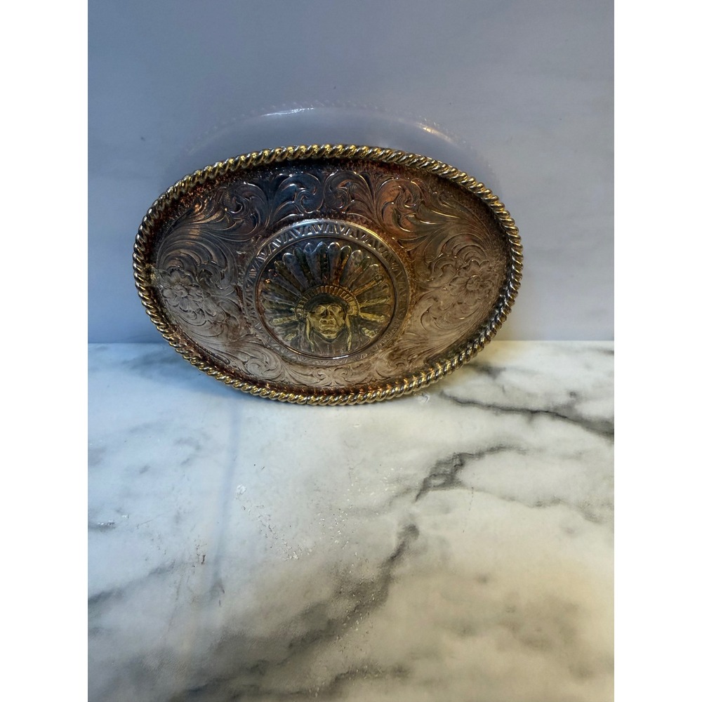 Vintage Montana Silversmiths Silver Plated Native American Chief Belt Buckle